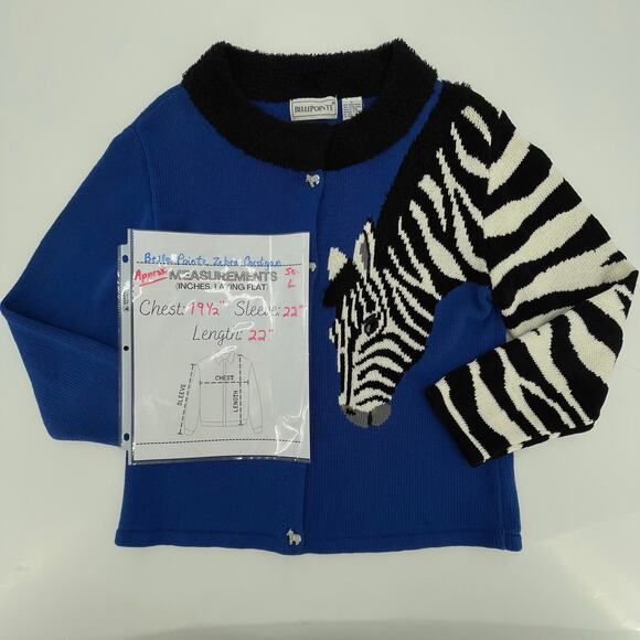 Vtg. BellePointe Women's Zebra Cardigan Sweater, Sz. L, Safari Zebra Buttons - Picture 6 of 6